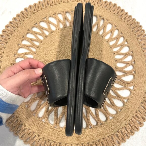 Tory Burch Double T Sport Slide Perfect Black Gold Leather Size 11 - Picture 10 of 12